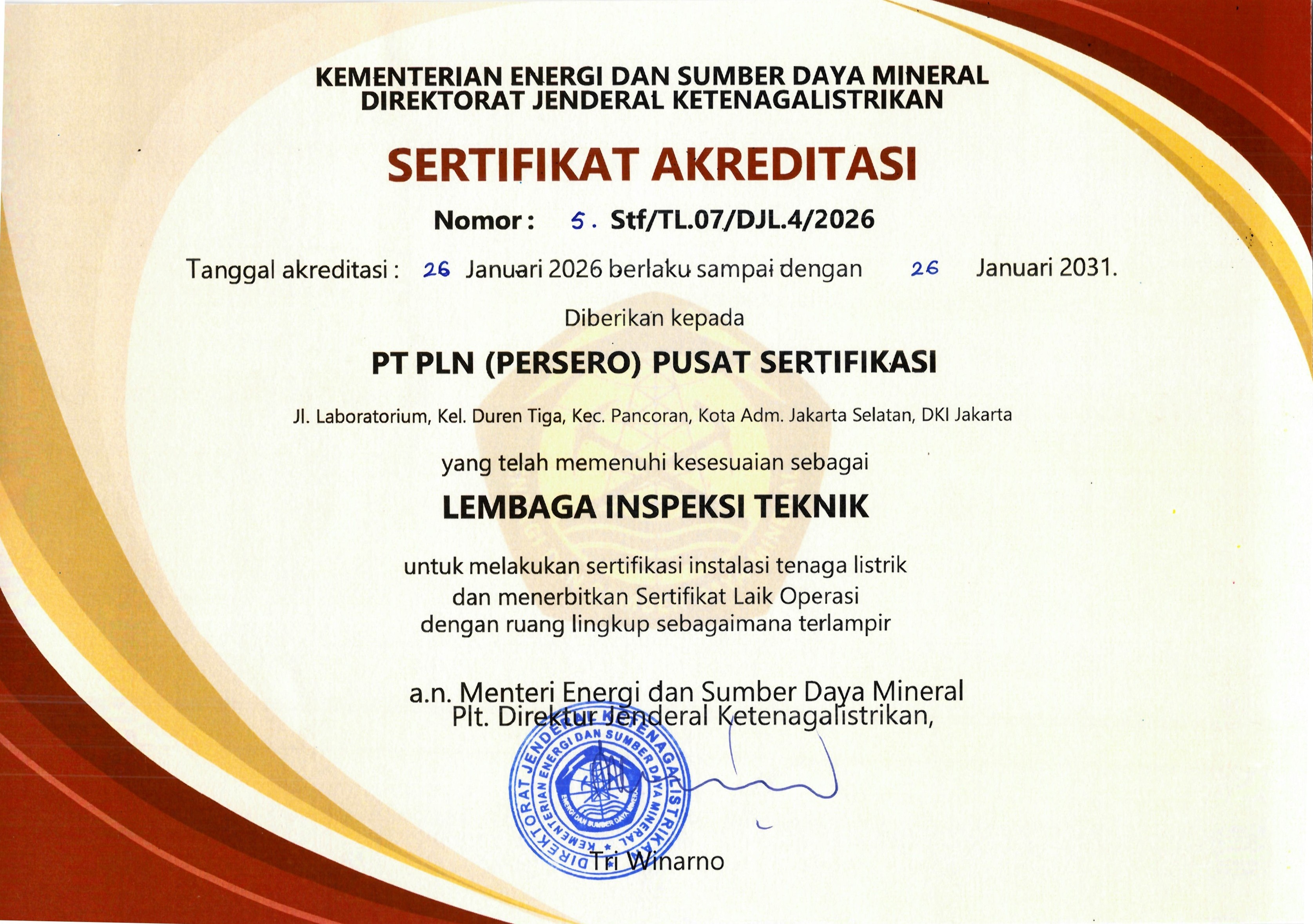 Sertifikat akreditasi Lembaga Inspeksi Teknik