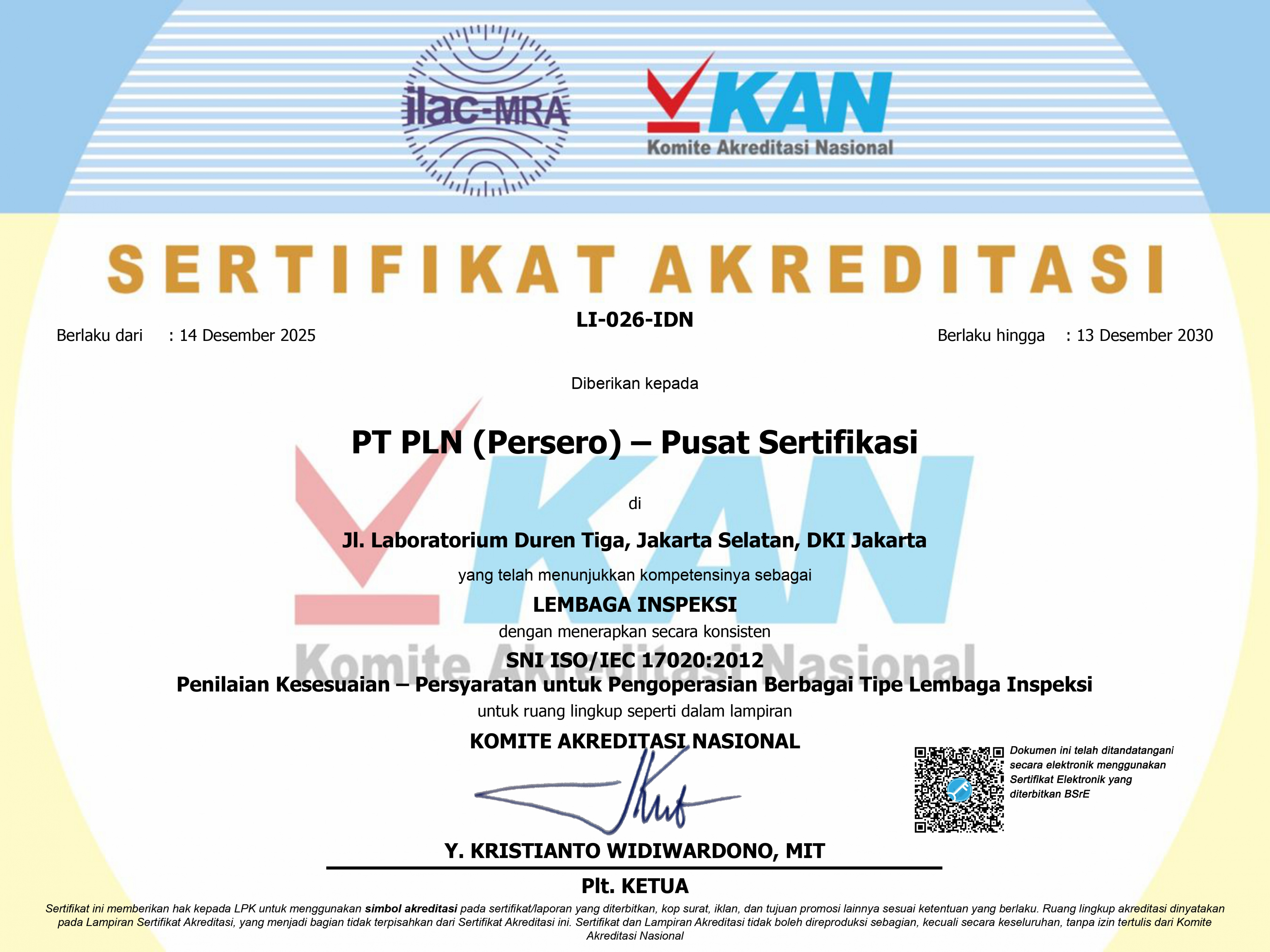 Sertifikat akreditasi lembaga inspeksi
