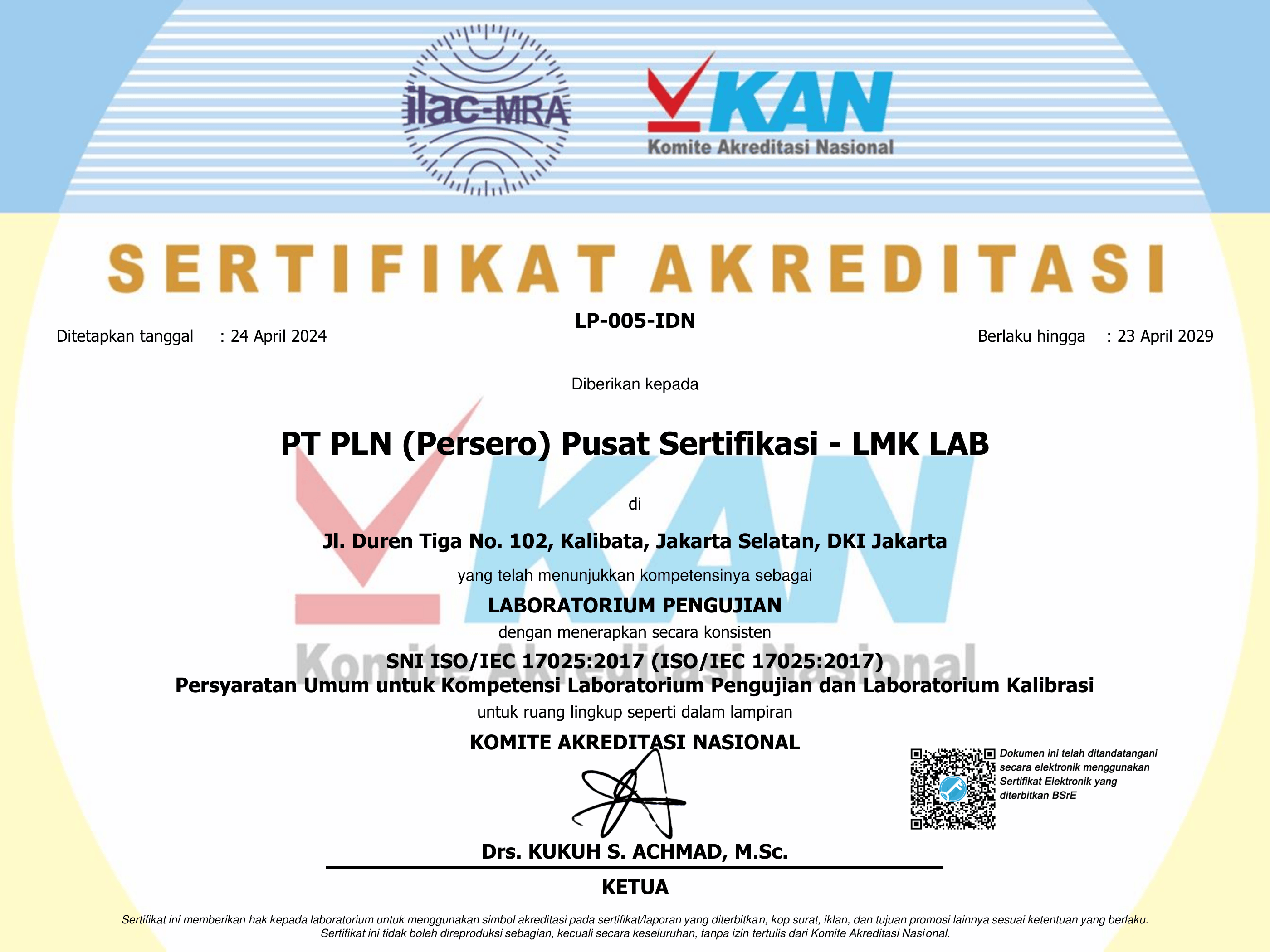 Sertifikat akreditasi laboratorium pengujian