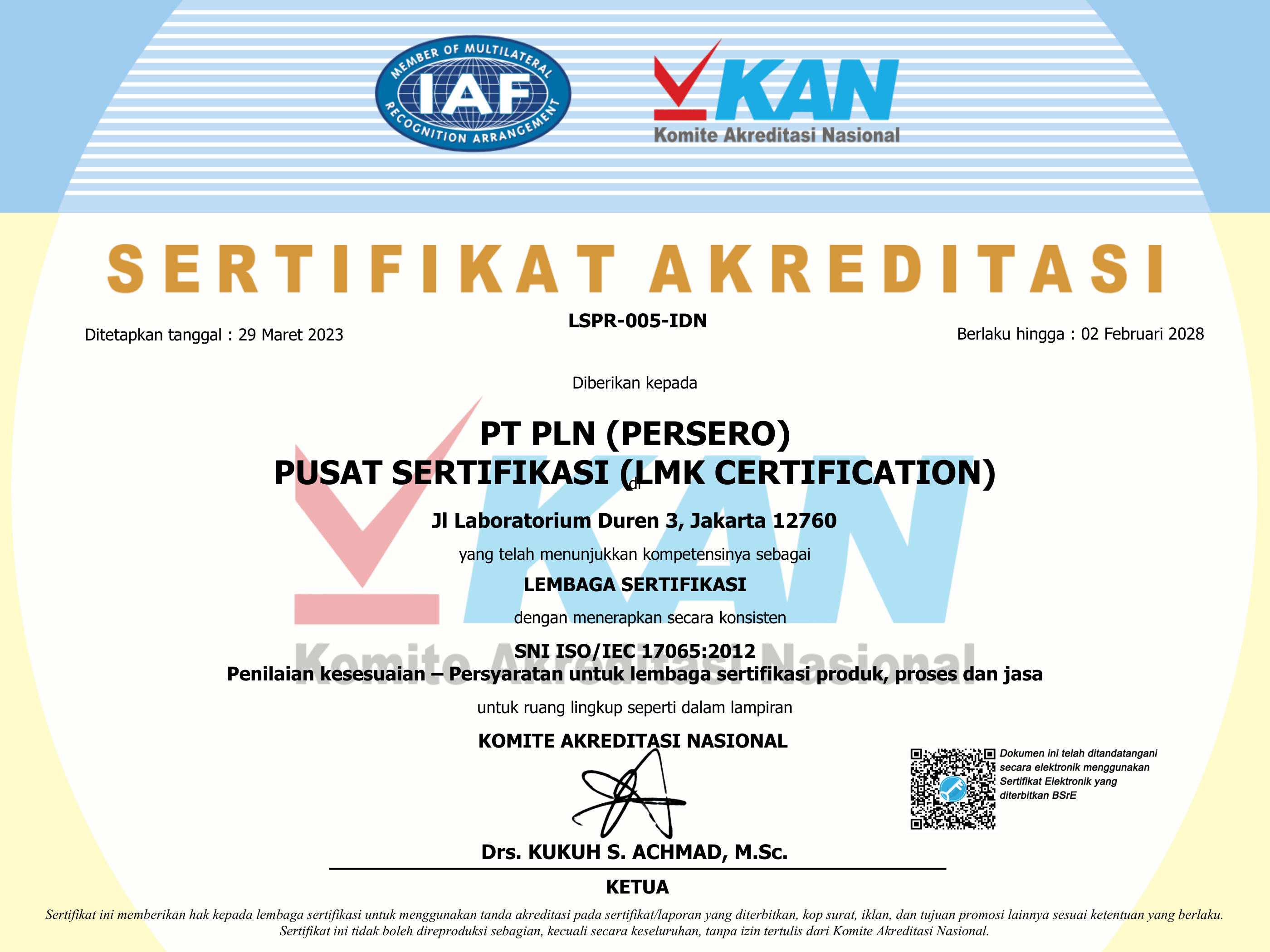 Sertifikat akreditasi lembaga sertifikasi produk