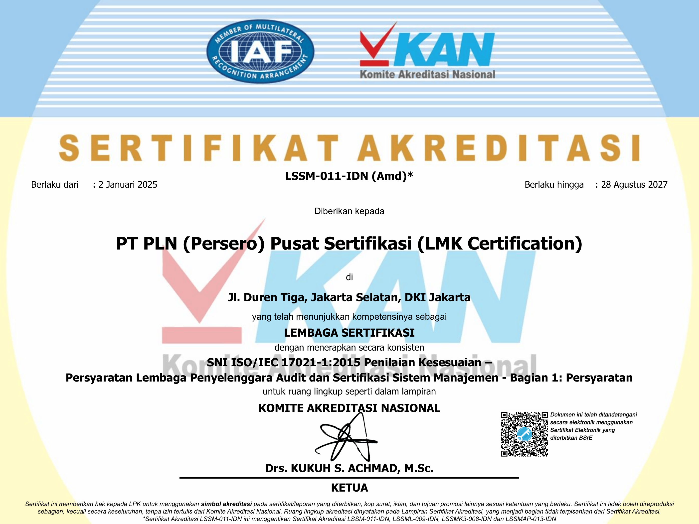 Sertifikat akreditasi lembaga sertifikasi sistem manajemen