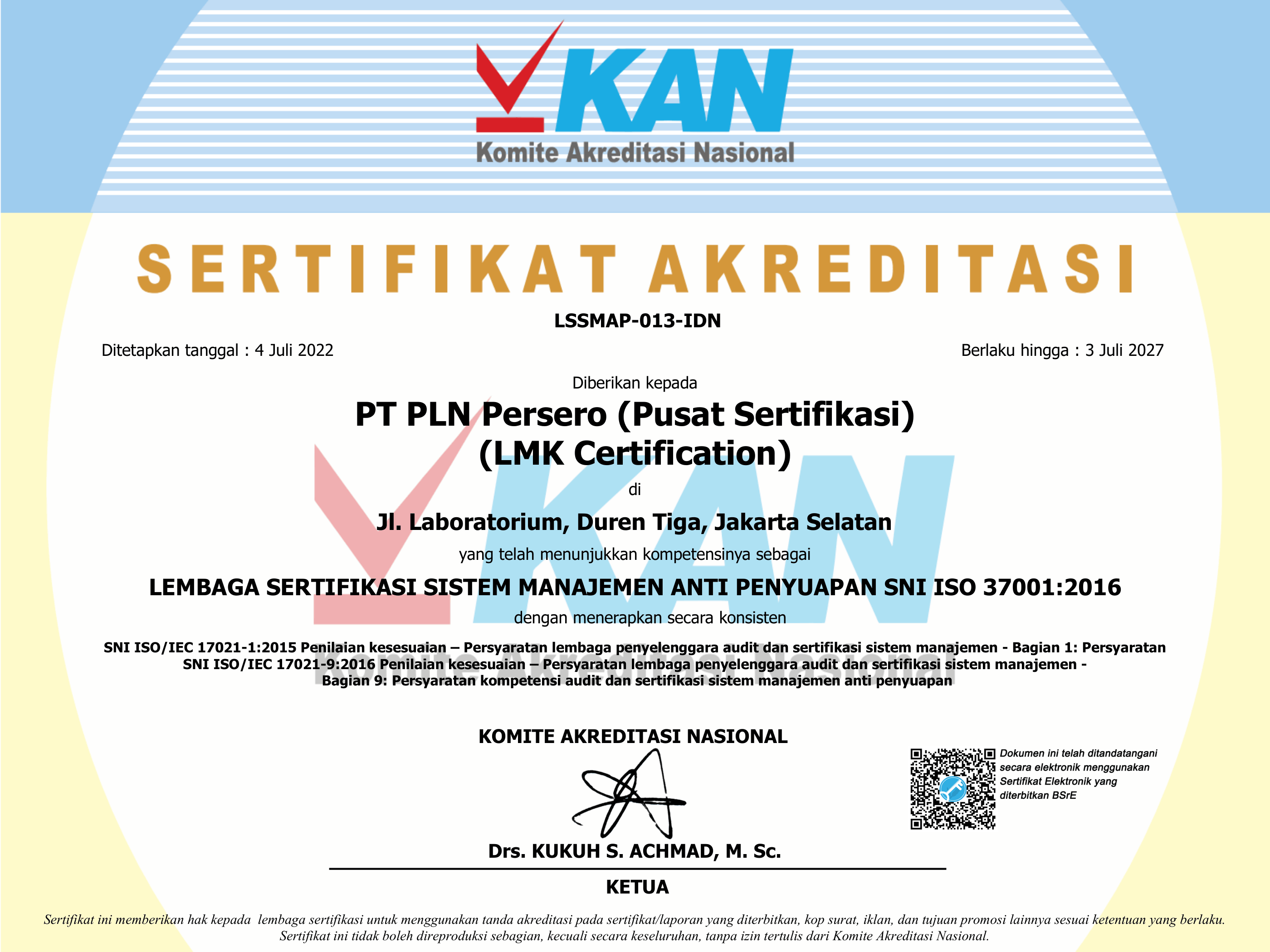 Sertifikat akreditasi sistem manajemen anti penyuapan