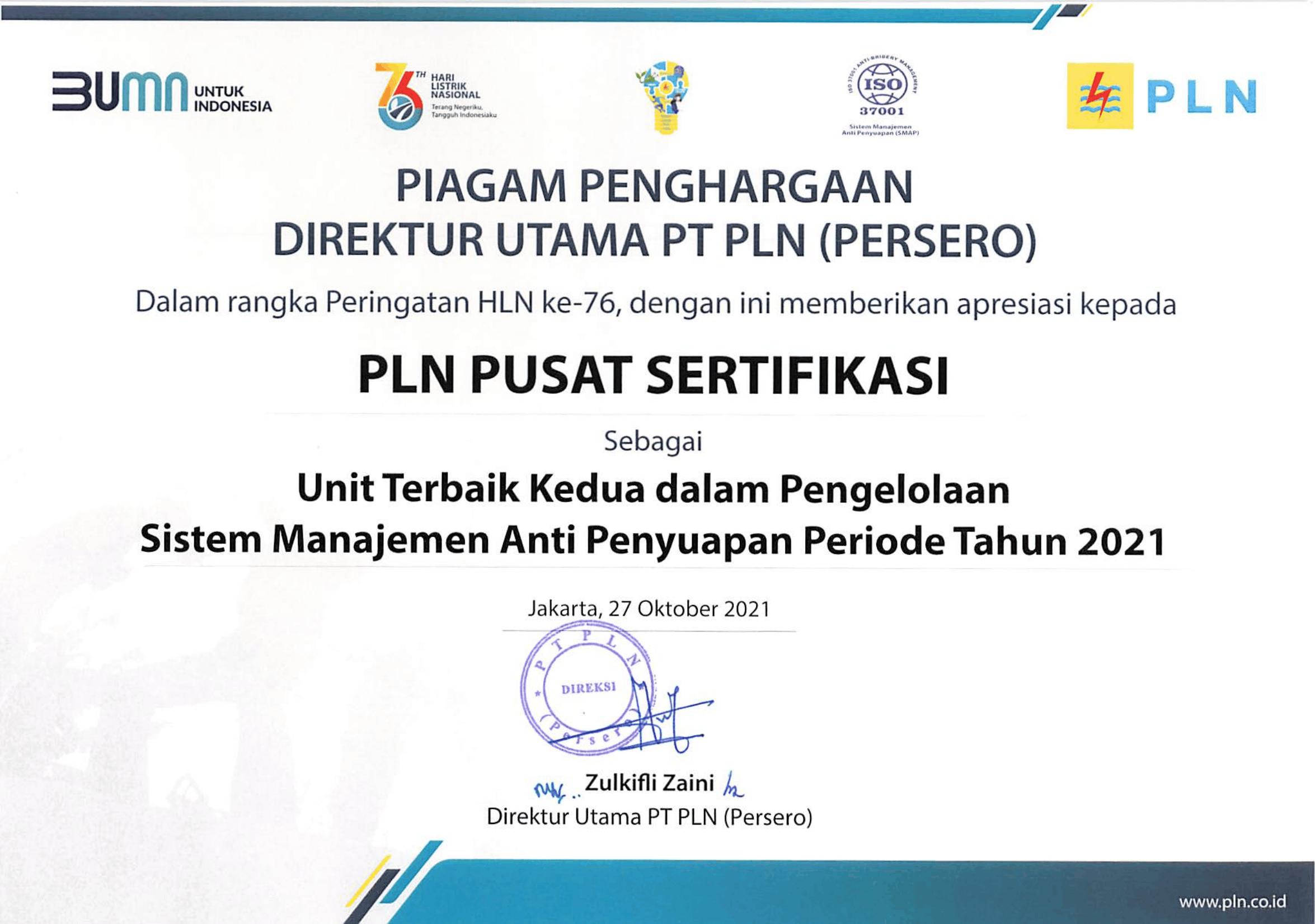 Piagam penghargaan unit terbaik kedua